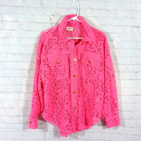 Bibi Pink Heavy Lace Button Down  Blouse Sz S - Picture 1 of 8